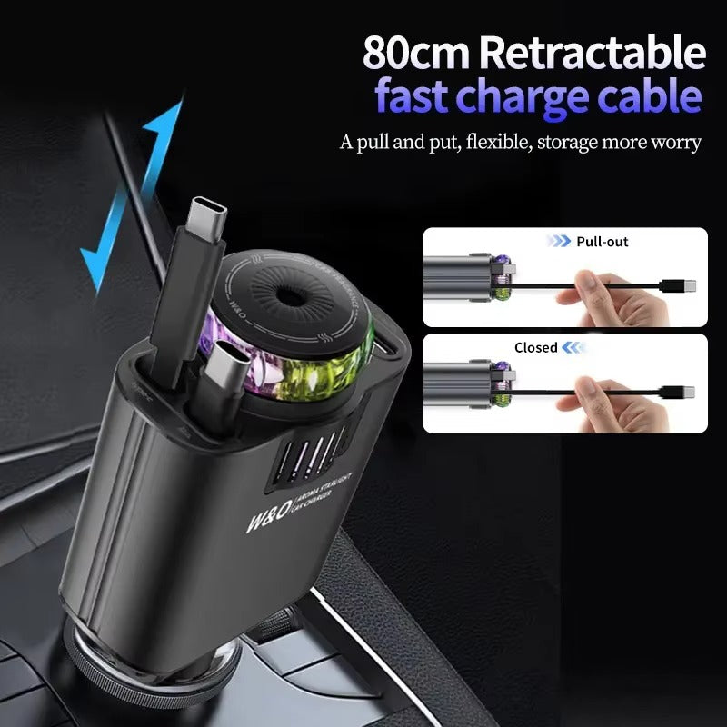 Retractable Car Charger with Aromatherapy & Star Light | Fast Charging 5-in-1