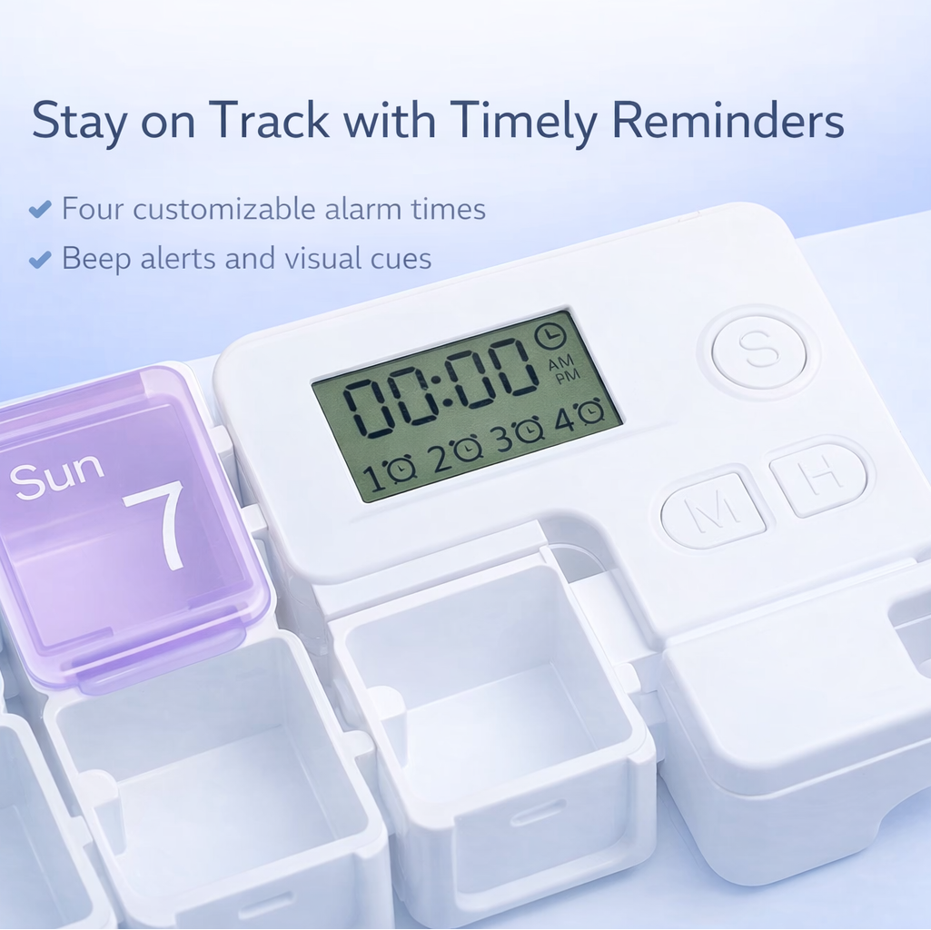 Digital pill organizer with customizable alarm times on a light blue background