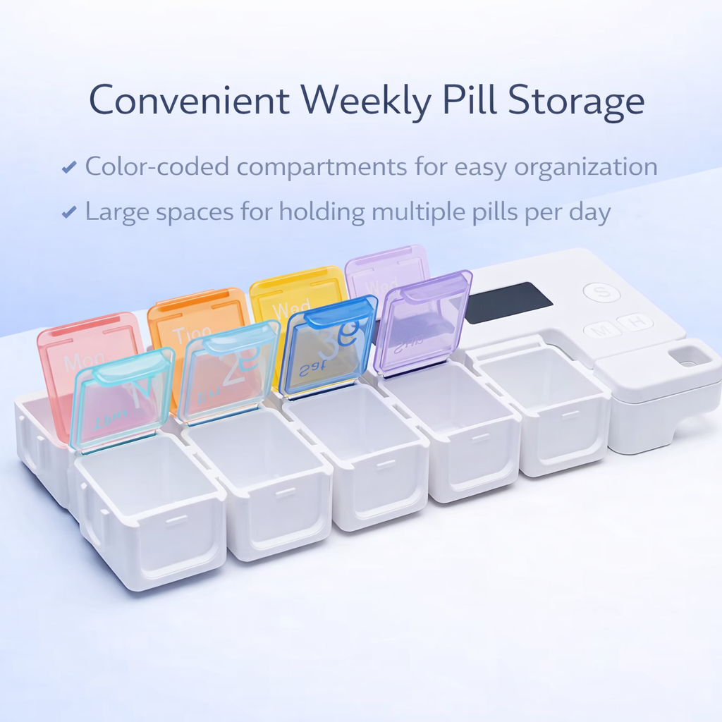 Weekly pill storage organizer with color-coded compartments on a light blue background