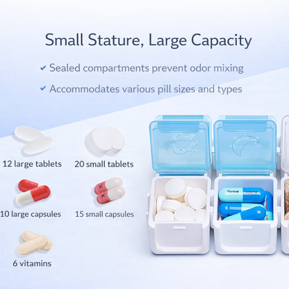 Pill organizer with compartments for different types of pills on a light blue background