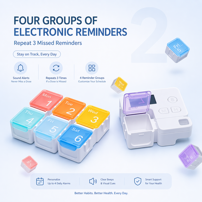  pill organizer with electronic reminders on a light blue background
